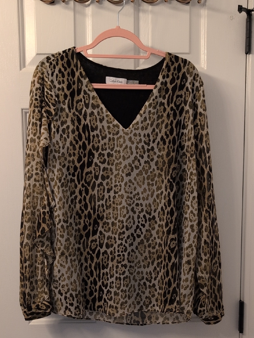 Calvin Klein Olive Green & Black Leopard V-Neck Top